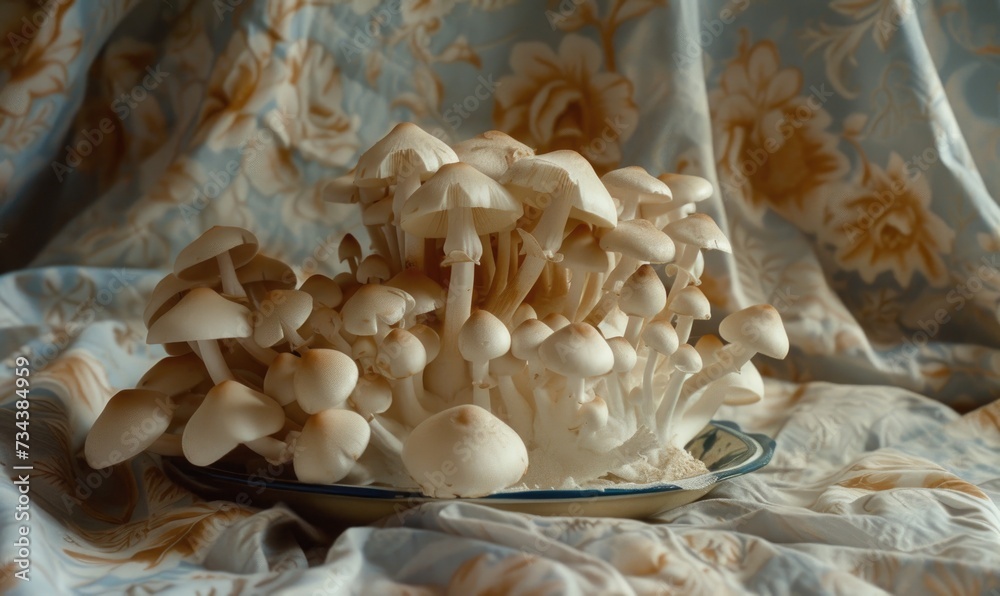 Bunch of white shimeji mushrooms on a saucer.