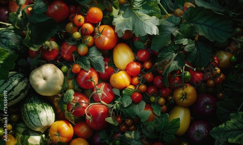 Tomatoes background. Top view of different varieties of tomatoes. Vegetables background.