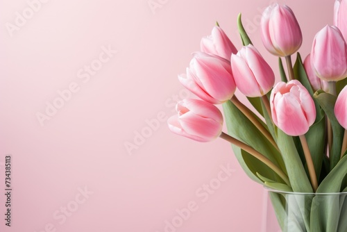 spring flowers. Bouquet of pink tulips flowers on pastel pink 