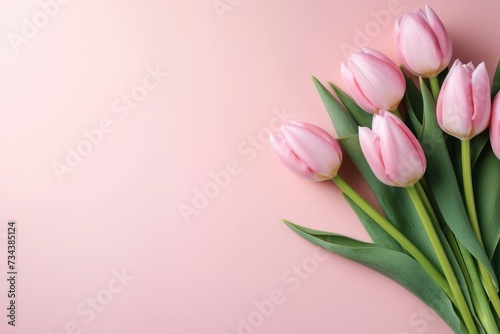 spring flowers. Bouquet of pink tulips flowers on pastel pink 