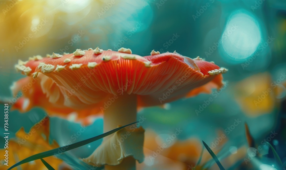 Mushroom in the forest, close-up, macro photography. fly agaric on a blue background
