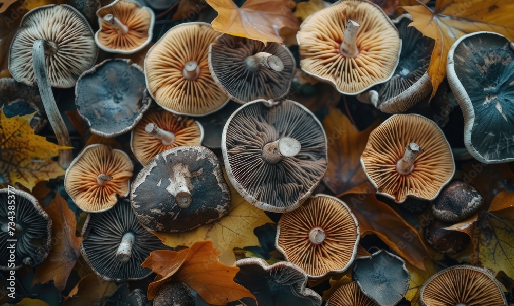 Mushrooms on the autumn leaves. Autumn background. Top view. Mushrooms on the autumn leaves. Autumn background. Top view.