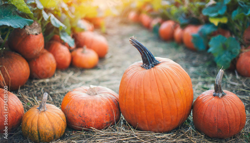  pumpkins at market  symbolizing autumn harvest. Copy space for seasonal advertising