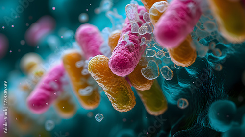 Microscopic Majesty: A Detailed View of Vibrant Bacteria in a Colorful, Enigmatic Environment.3d illustration of pathogenic bacteria. Viruses in infected organism. Microscope virus,Helicobacter pylori photo