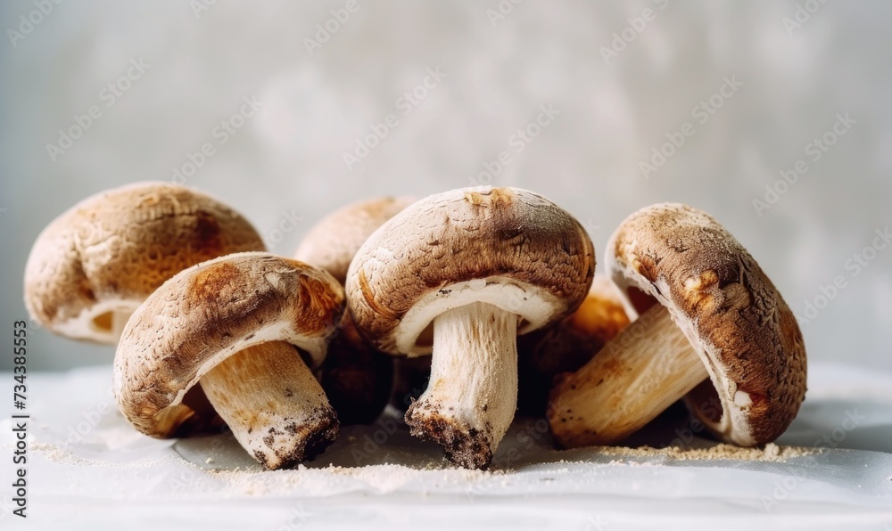 Fresh champignon mushrooms on a white background. Selective focus. Fresh champignon mushrooms on a white background. Selective focus.