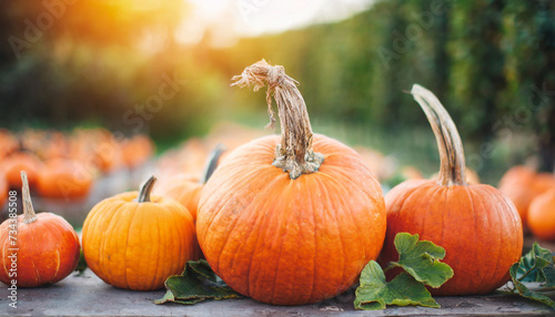 pumpkins at market, symbolizing autumn harvest. Copy space for seasonal advertising