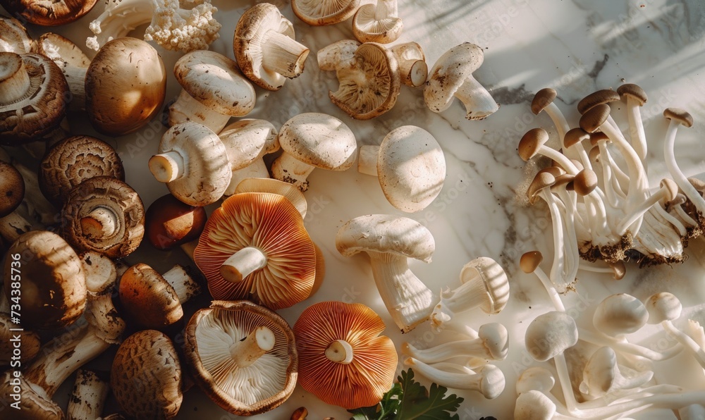 Mushrooms on white marble background. Top view, flat lay Mushrooms on white marble background. Top view, flat lay