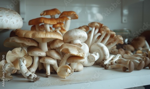 Mushrooms on the shelf in the kitchen. Shallow depth of field
