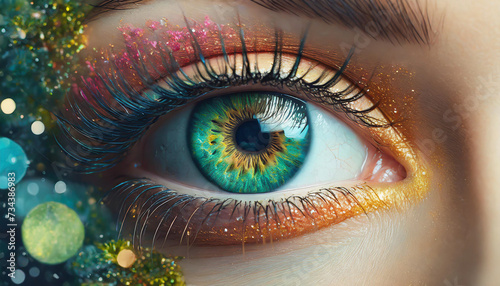 close-up of a beautiful woman's eye, adorned with colorful makeup, expressing depth and allure