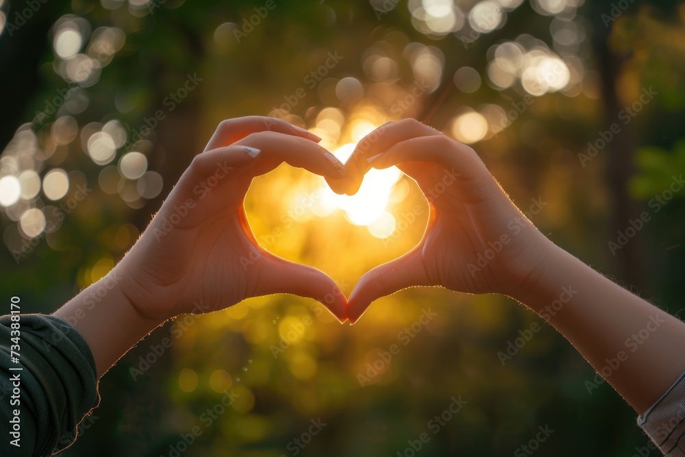 Two hands are getting heart shape formation with the sun light passing through the hands. Two hands are getting heart shape formation with the sun light passing through the hands.