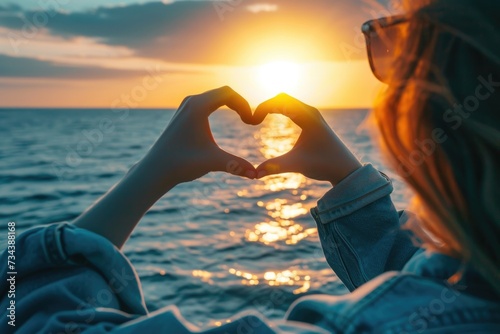 Both hands were forming a heart shape with sunlight shining through them. The background is the sea. sunset