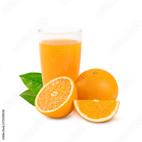 Glass of orange juice and oranges isolated on white background.