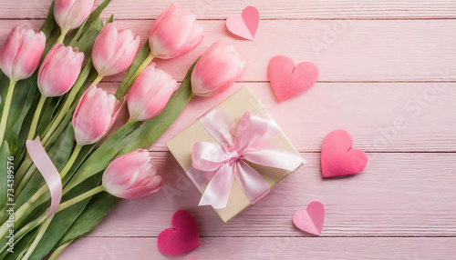 Mother's day background; a bouquet of tulips, gift box with ribbon and pink paper hearts on pink wooden plank. Womens day, 8 March, Valentine's day and love concept. template, overhead. Greeting 