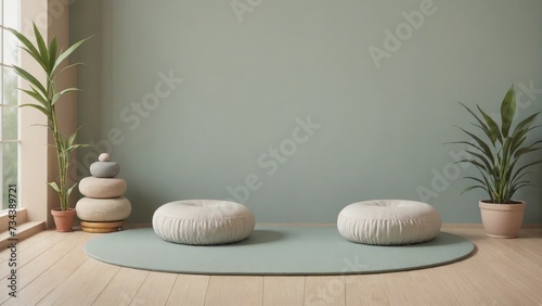 Meditation corner. Include a round, cushioned meditation pillow (zafu) placed on a soft, textured mat (zabuton), with a backdrop of a simple, tranquil wall color, Generative AI