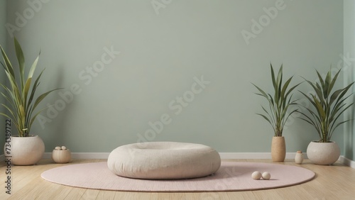 Meditation corner. Include a round, cushioned meditation pillow (zafu) placed on a soft, textured mat (zabuton), with a backdrop of a simple, tranquil wall color, Generative AI photo