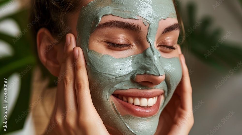Caucasian woman applying a clay facial mask, concept of beauty and skincare
