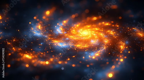 a large bright yellow and orange spiral galaxy, in the style of soft edges and blurred details, light sky-blue and dark gray, data visualization, shallow depth of field, colorful explosions 