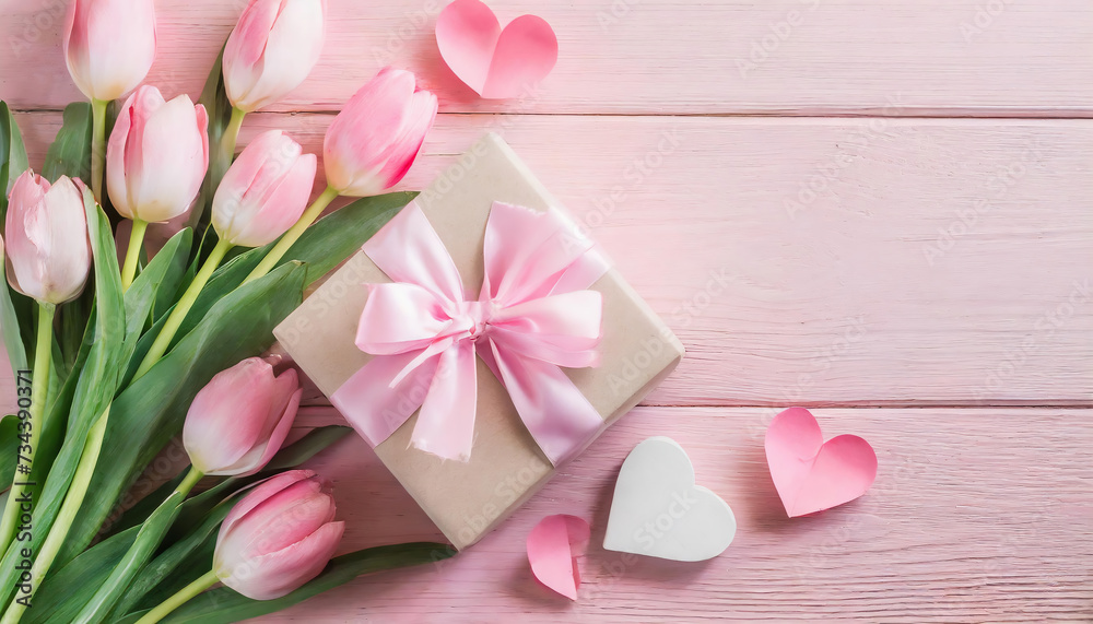 Mother's day background; a bouquet of tulips, gift box with ribbon and pink paper hearts on pink wooden plank. Womens day, 8 March, Valentine's day and love concept. template, overhead. Greeting card