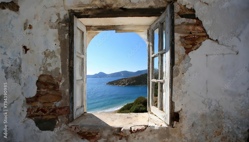 Window to the sea in an abandoned house across to the Aegean islands. Window frame, abondoned house with seascape