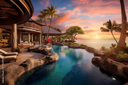 Resort swimming pool overlooking the ocean at susnet photo