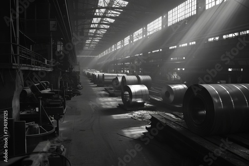 Interior of a steel manufacturing workshop with rolls of steel and machinery. precision and strength in industrial production
