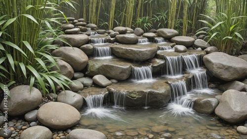 Natural Rock Waterfall in Lush Bamboo Garden, Generative AI