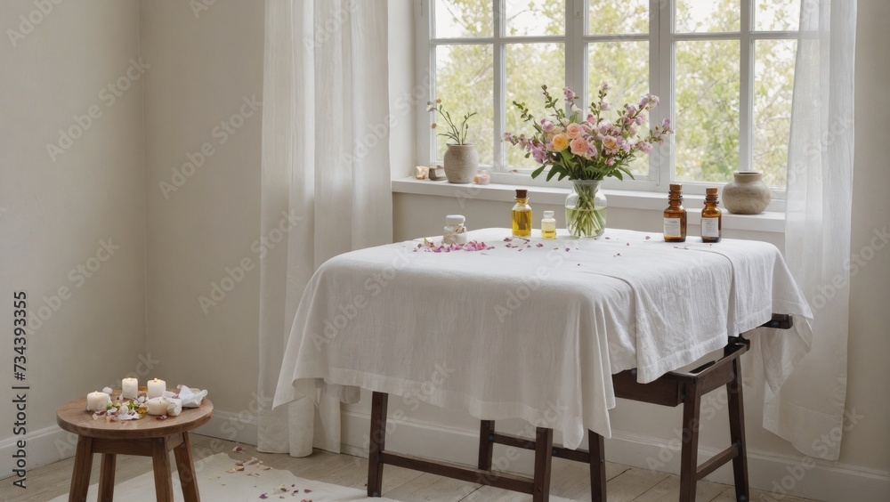 Serene Massage Table Setup with Natural Light and Floral Accents, Generative AI