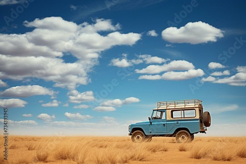 Safari jeep crosses arid grassland beneath azure sky. Generative AI photo