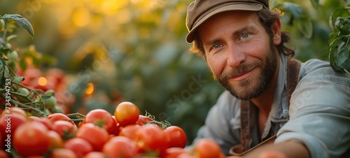 Male farmer picking fresh tomatoes from his hothouse garden