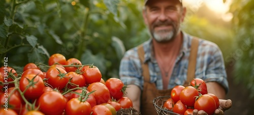 Male farmer picking fresh tomatoes from his hothouse garden