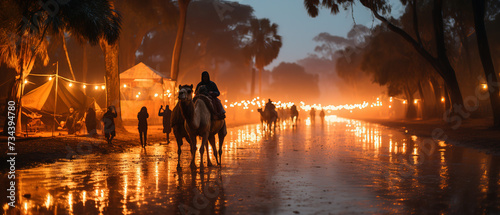 people riding horses down a wet road at night with lights on © Masum