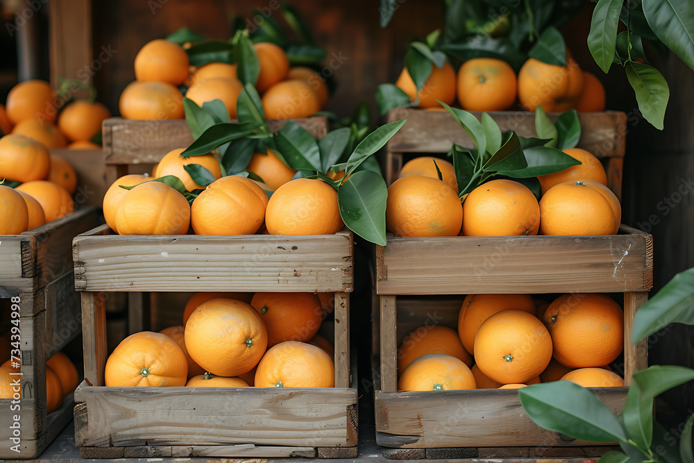 wooden crates with oranges, picking citrus fruits