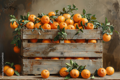 wooden crates with oranges, picking citrus fruits