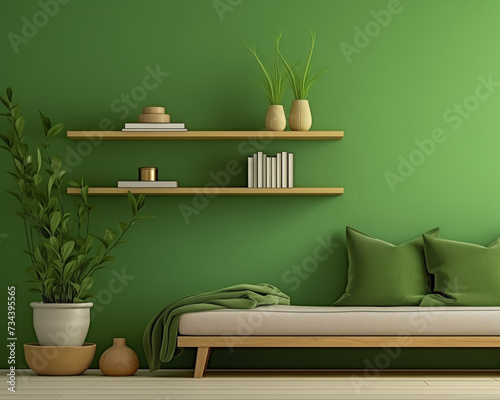 Stylish Green Living Room with Floating Shelves and Botanical Elements