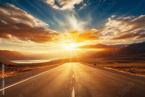 An empty road under the bright sun. Generative AI