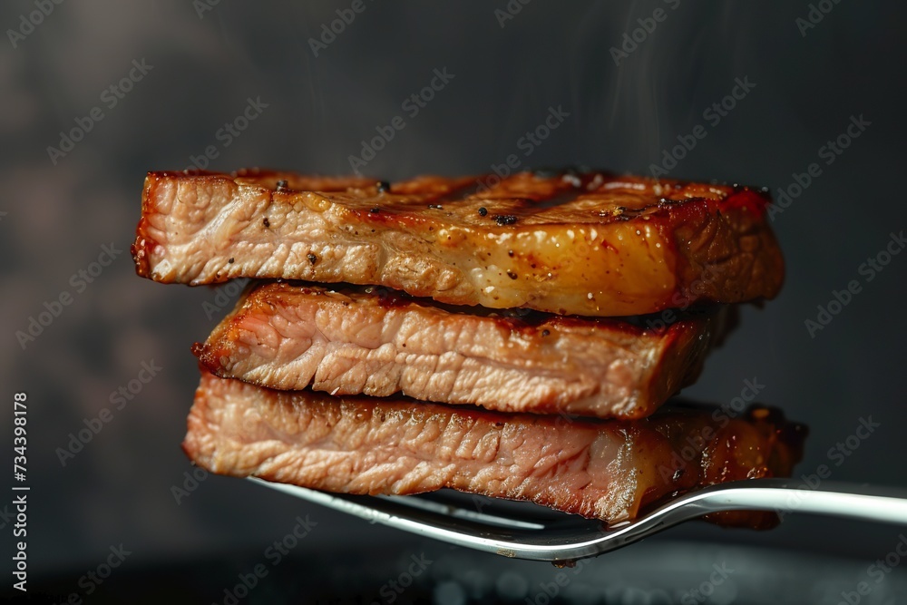 Juicy slices of steak expertly skewered showcasing juicy, flavorful grilled meat. Meat on a metal fork or skewer in appetizing view. Juicy slices of steak expertly skewered showcasing juicy, flavorful grilled meat. Meat on a metal fork or skewer in appetizing view.