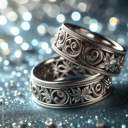 Close-Up of a Set of Two (a Pair) of Ornate Silver Wedding Rings with One Gently Resting on the Other with Sparkling Bokeh Light Background. Unity, Touching, Love Marriage Faith Concepts. Test of Time