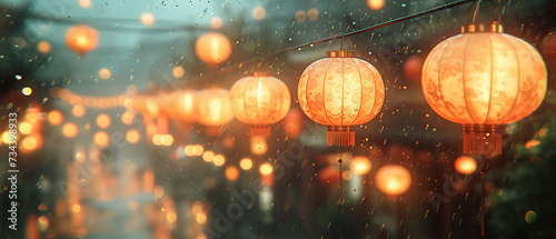 a many lanterns hanging from a string in the rain
