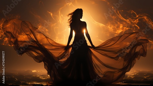 A dramatic silhouette of a model in a flowing cape, backlit by a burst of golden sunlight, against a dark and moody background