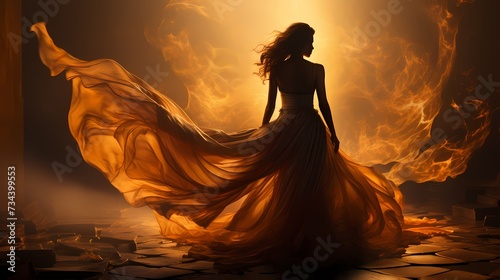 A dramatic silhouette of a model in a flowing cape, backlit by a burst of golden sunlight, against a dark and moody background