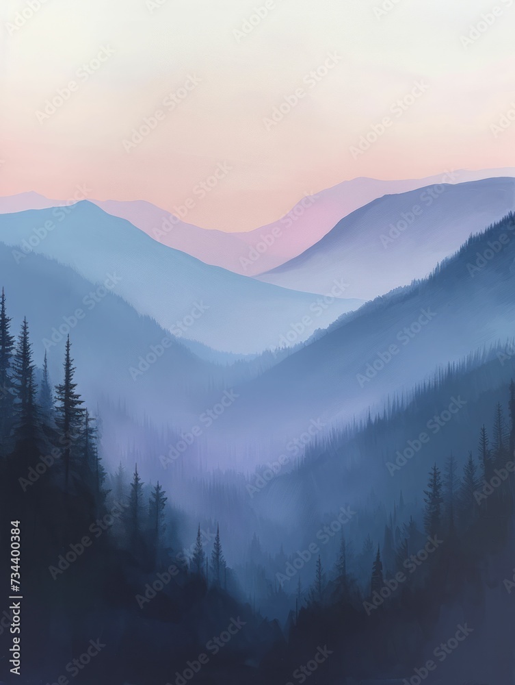 Airy mountain landscape at dawn, soft hues and gentle morning light