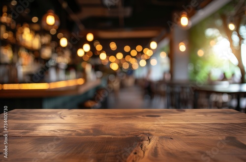 Empty Wooden Table Over Blurred Cafe Background