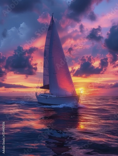 Dusk sailing on lone yacht, under fluorescent fantasy skies, peaceful vibe