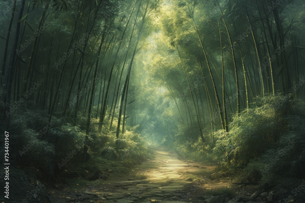 Peaceful retreat in softly lit bamboo forest, serene and airy path
