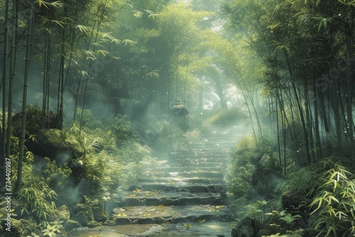 Serene bamboo forest path, softly lit for an airy, peaceful retreat
