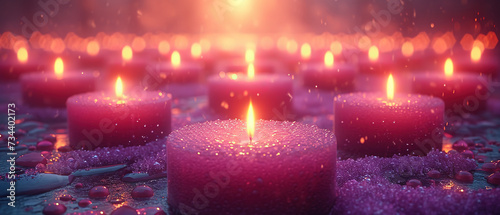 candles are lit in a row with water droplets on them