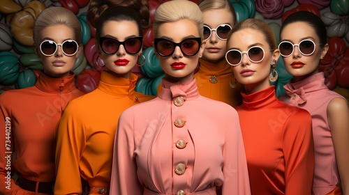 A collection of gorgeous models stands in front of a radiant coral background, their flawless features and fashionable attire harmonizing with the vibrant color, creating an eye-catching composition