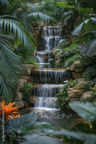 Hidden oasis in tropical rainforest, bright and lush waterfall