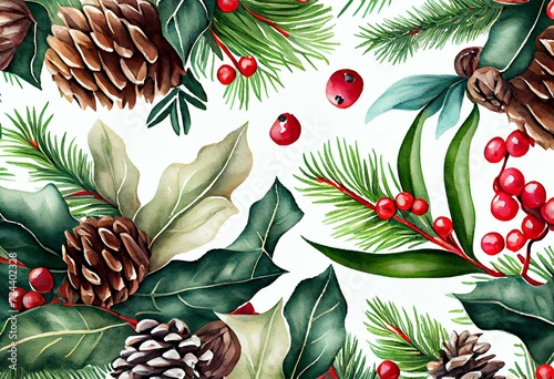 Christmas watercolor horizontal seamless pattern with holly berries, spruce and pine cones. Generative AI © David