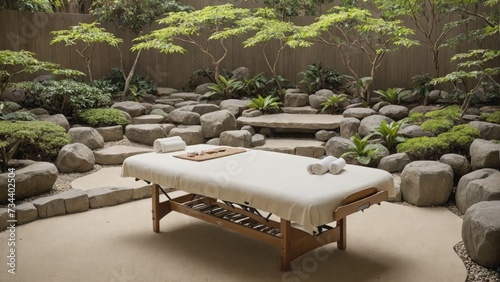 A massage table set within a Zen garden, raked sand around natural stones, Generative AI